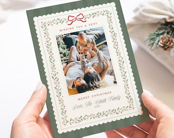 Botanical Christmas Photo Card Template, Scalloped Holiday Card, Red Bow Greenery, Editable Canva Design