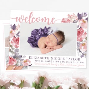Floral Birth Announcement Template - Newborn Announcement - Girl Baby Announcement - Newborn Template for Photoshop - Photographer Template