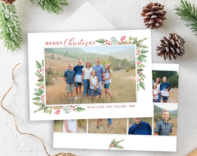Christmas Card Template - Holiday Card - Floral Watercolor Christmas Card - Merry Christmas - Photo Card Template - Editable in Photoshop