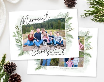 Merriest Christmas Card Template | Christmas Card Template 5x7 | Floral Watercolor | Holiday Card Templates | Photoshop