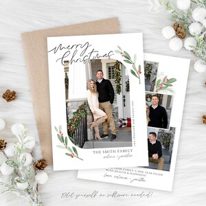 Modèle de carte de Noël | Carte de vacances photo | Modèle de cartes de joyeux Noël | Houx Noël | Modèle de carte de vacances | Corjl