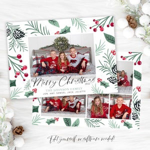 May include: A Christmas card with a white background and a green and red holly design. The card features a collage of photos of a family in their pajamas. The text on the card reads "Merry Christmas 2022 The Johnson Family Jon. Amy. Samuel Jack. Juliette".