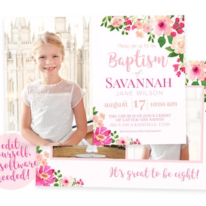 LDS Baptism Invitation Girl | Floral Baptism Invitation | Baptism Invitation Digital | Baptism Invitation | LDS Baptism Announcement | Corjl