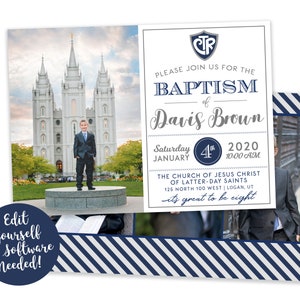 Customizable LDS Boy Baptism Invitation Add Your Own Photos Instant Download Corjl image 1