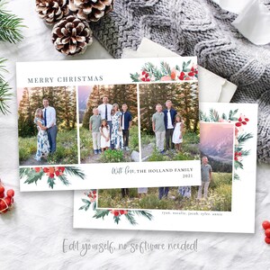 May include: A Christmas card with a collage of family photos. The card has a watercolor border with red berries and green leaves. The text on the card reads "Merry Christmas" and "With love, The Holland Family 2021".