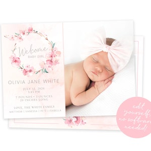 Birth Announcement Card Template for Baby Girl - Customizable Baby Girl Announcement Card - Instant Download