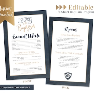 May include: Editable baptism program template with a navy blue background and gold accents. The front side includes a welcome to the baptism of Bennett White and a list of ceremony details. The back side features hymns, "When I Am Baptized" and "Teach Me to Walk in the Light", with a gold Christian cross symbol.