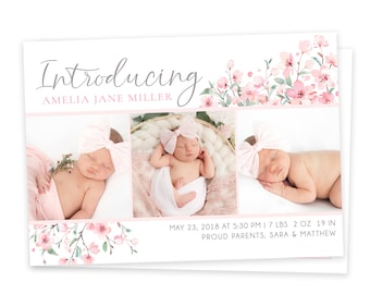 Floral Girl Birth Announcement Card: Photo Template (PSD)