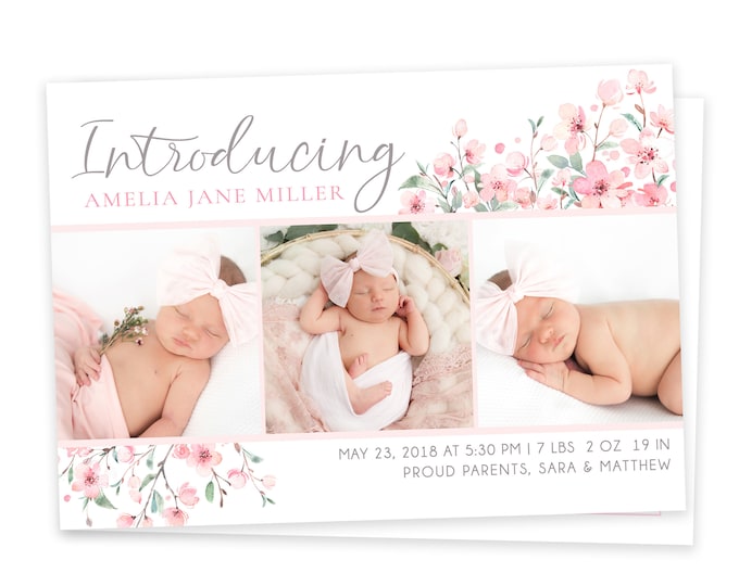 Floral Birth Announcement Card - Birth Announcement - Girl Birth Announcement Template - Photo Birth Announcement - Printable Newborn Card