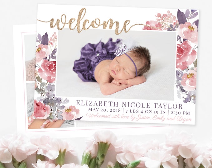 Floral Birth Announcement Template - Newborn Announcement - Girl Baby Announcement - Newborn Template for Photoshop - Photographer Template