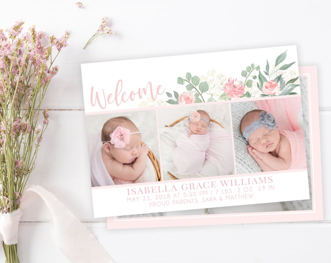 Welcome Baby Girl Floral Birth Announcement Template - Girl Baby Announcement - Newborn Template for Photoshop - Photographer Template