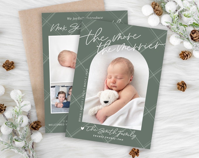 Christmas Birth Announcement | The More The Merrier Christmas Card | Birth Announcement Template | Holiday Birth Announcement | Corjl