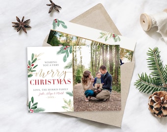 Floral Photo Christmas Card Template: Editable 5x7 (Photoshop)