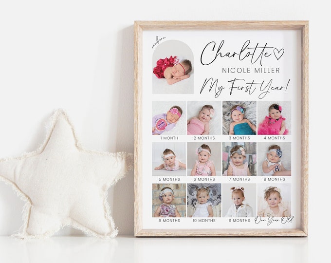 Printable Baby's First Year Milestone Sign | 1st Birthday Photo Collage Poster | Modern Baby's 1st Birthday Milestone Board Template