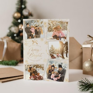 Modèle de carte de Noël - carte photo personnalisée pour les fêtes - cartes de Noël simples avec noeud doré - bilan de l'année - carte photo numérique