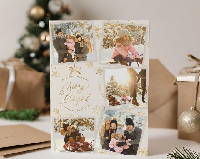 Christmas Card Template - Custom Holiday Photo Card - Simple Gold Ornament Bow Christmas Cards - Year in Review Photo Card - Digital