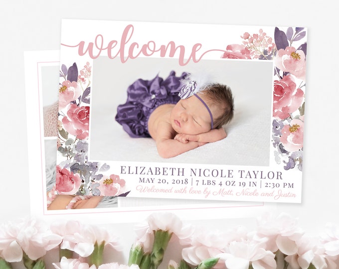 Floral Birth Announcement Template - Newborn Announcement - Girl Baby Announcement - Newborn Template for Photoshop - Photographer Template