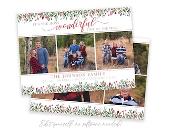 Floral Photo Christmas Card Template 5x7 (Digital Download)