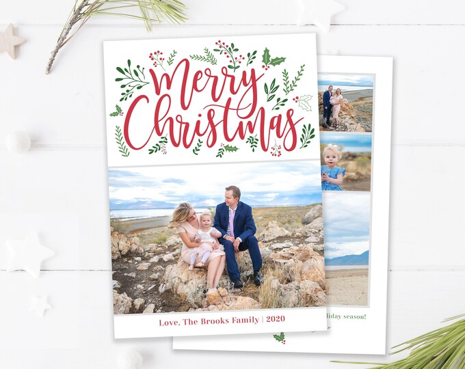 Christmas Card Template - Holiday Card Template - Merry Christmas - Photo Card Template - Holly Christmas Card - Editable Photoshop Card