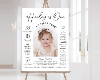 Modern Editable 1st Birthday Milestone Sign | Printable One Year Photo Board | Baby's First Year Celebration Poster Template