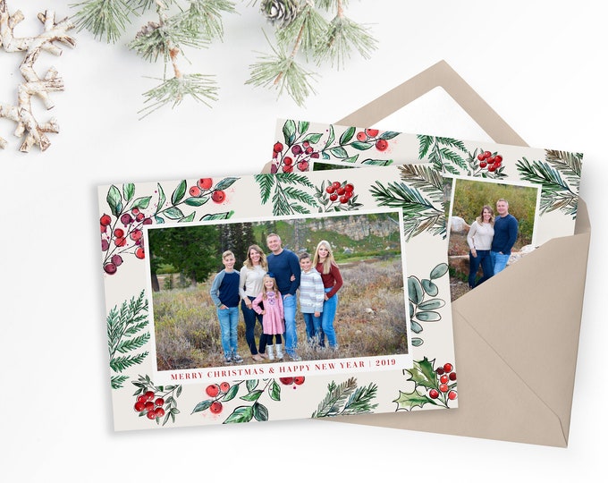 Christmas Card Template - Holiday Card - Floral Watercolor Christmas Card - Merry Christmas - Photo Card Template - Editable Christmas Card