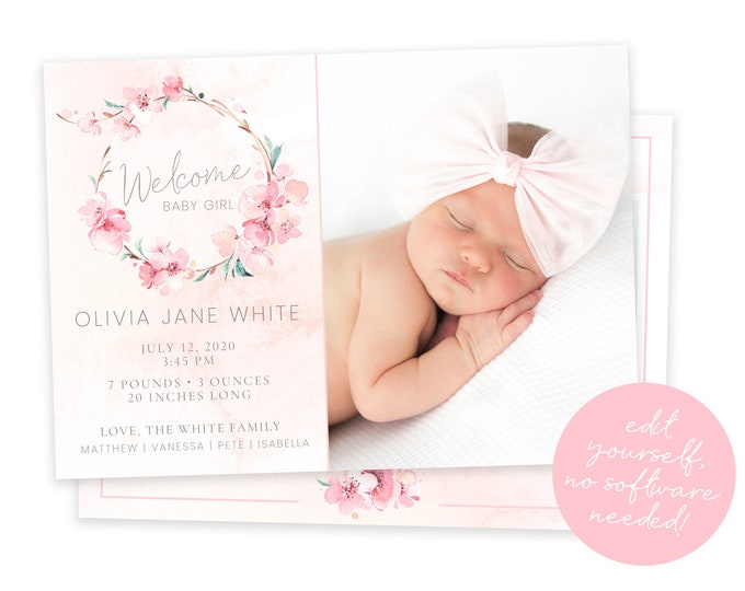 Birth Announcement Card Template for Baby Girl - Customizable Baby Girl Announcement Card - Instant Download