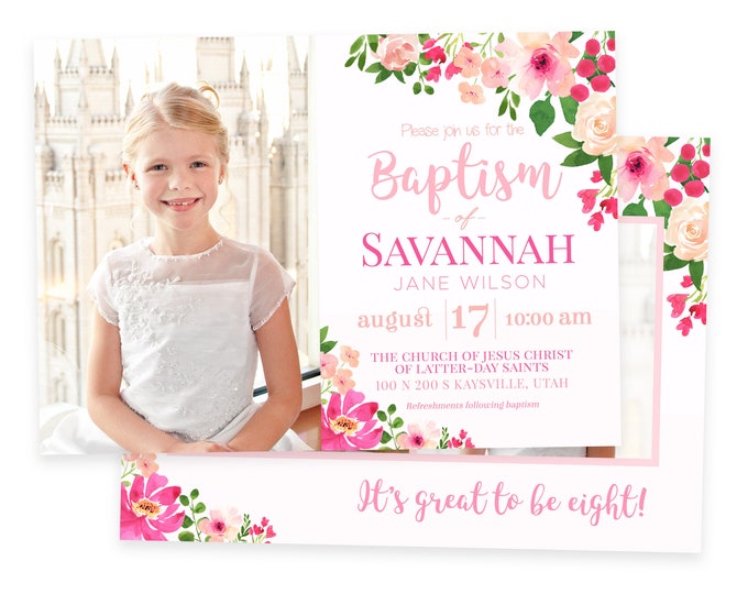 LDS Baptism Invitation - Baptism Invitation - Floral Girl Baptism Invitation - Photographer Template