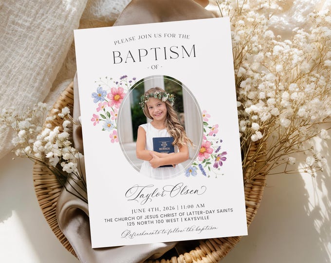 Floral LDS Baptism Invitation Template | Editable Girl Baptism Invite (Instant Download)