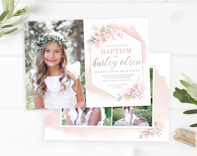 LDS Baptism Invitation - Baptism Invitation Girl Template - Girl Floral Baptism Invitation - Baptism Invitation Digital - Photoshop Invite