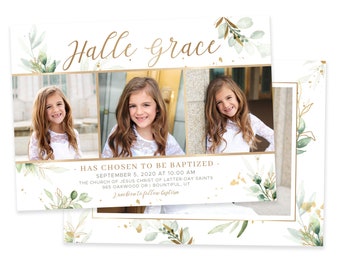 Floral LDS Baptism Invitation Girl: Gold Details