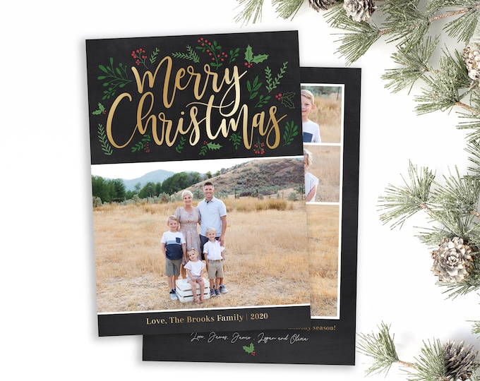 Christmas Card Template - Holiday Card Template - Merry Christmas - Photo Card Template - Holly Christmas Card - Photoshop Christmas Card