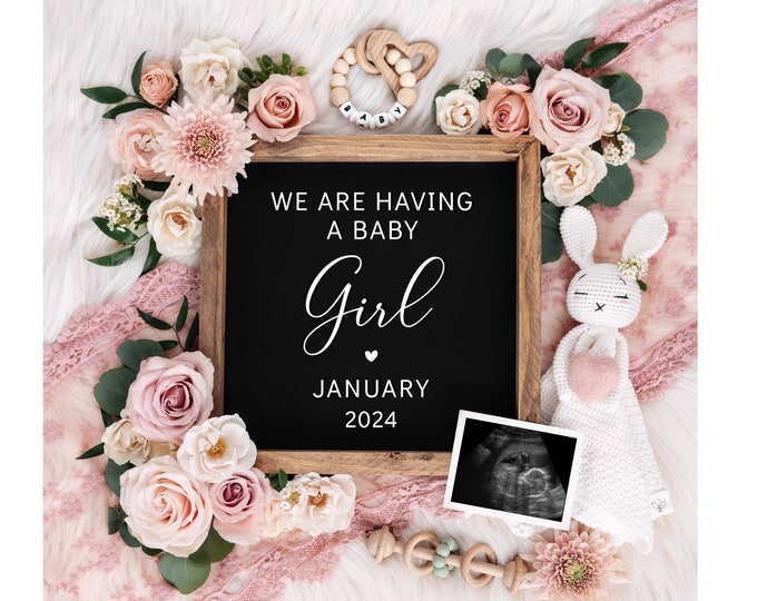 Baby Girl Digital Pregnancy Announcement, Baby Announcement, Gender Reveal, Digital Download, Customizable, Baby Girl, Corjl