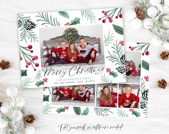 Holly Leaf Christmas Photo Card Template (Digital Download)