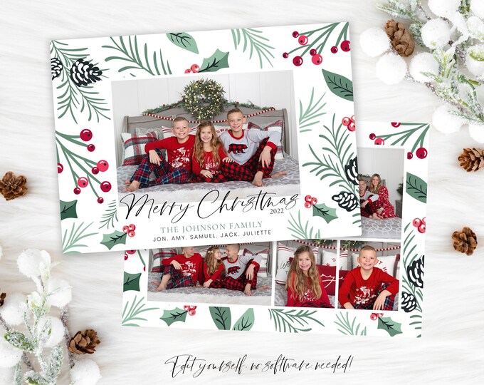 Christmas Card Template | Christmas Cards Template | 2022 Holly Leaf Holiday Card Template | Christmas Card | Photo Christmas | Corjl