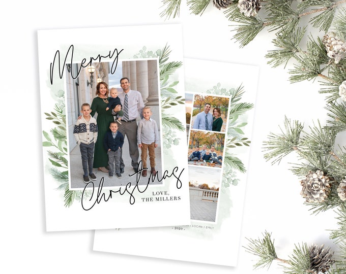 2020 Christmas Card Template - Floral Merry Christmas - Photo Christmas Template for Photoshop - Photographer Template - Digital Design