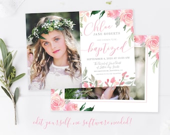 Floral LDS Baptism Invitation Girl: Editable Template