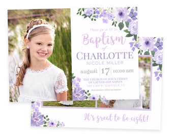 LDS Baptism Invitation Girl: Lavender Floral, Photo Template (Photoshop)