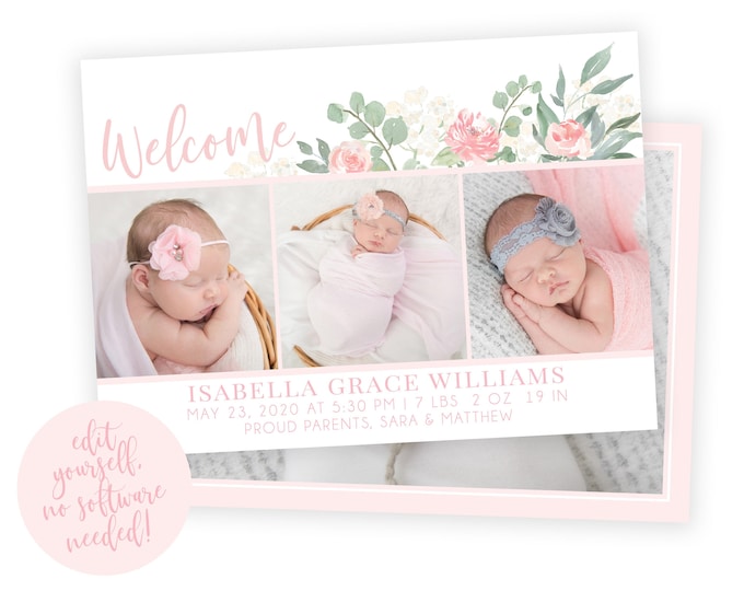 Baby Birth Announcement Template Girl - Newborn Announcement - Girl Birth Announcement - Photo Birth Announcement - DIY Template - Corjl