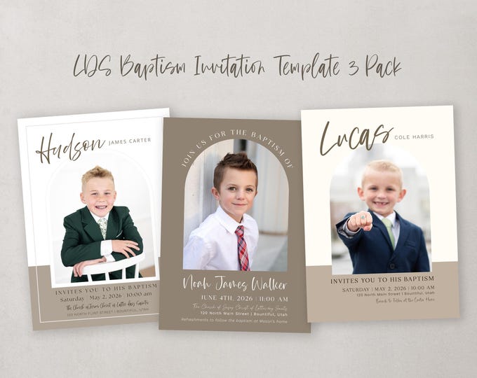 LDS Baptism Invitation Template 3 Pack | Modern Minimalist Canva Design | Editable Digital Download