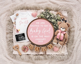 Baby Girl Announcement: Boho Teddy Bear Digital Pregnancy Reveal (Digital Download)
