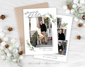 Christmas Card Template | Photo Holiday Card | Merry Christmas Cards Template | Holly Christmas | Holiday Card Template | Corjl