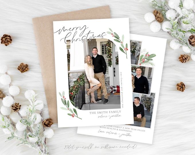 Christmas Card Template | Photo Holiday Card | Merry Christmas Cards Template | Holly Christmas | Holiday Card Template | Corjl