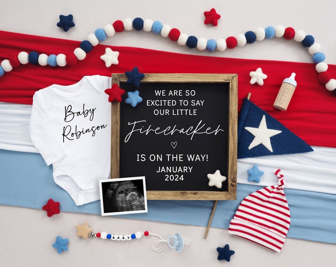 Firecracker Pregnancy Announcement, 4th of July Baby Announcement Digital, Fourth of July Pregnancy Reveal, Editable,  Social Media, Corjl