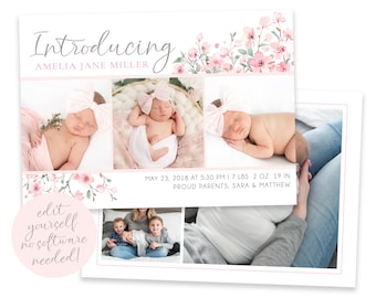 Baby Birth Announcement Template Girl - Newborn Announcement - Girl Birth Announcement - Photo Birth Announcement - DIY Template - Corjl