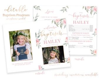 Baptism Program Girl - LDS Baptism Program - Editable Baptism Program - Floral Program Instant Download - Baptism Program Template - Corjl