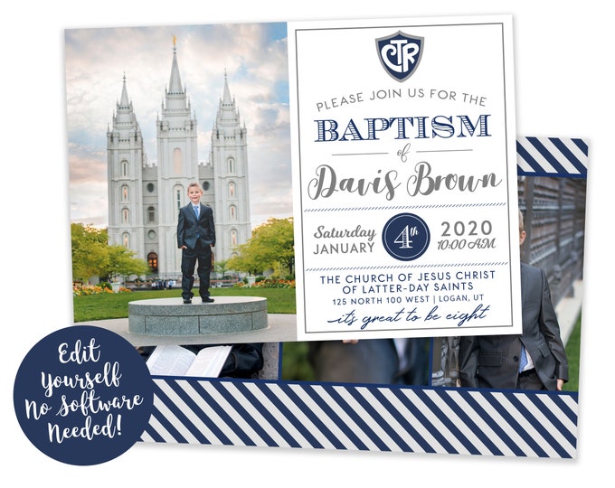 Customizable LDS Boy Baptism Invitation | Add Your Own Photos | Instant Download | Corjl