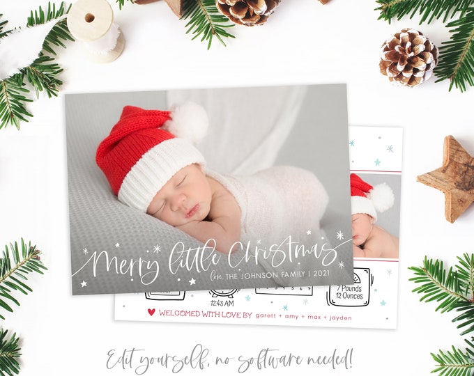 Christmas Birth Announcement | Merry Little Christmas Birth Announcement Template | Holiday Birth Announcement Card | Editable | Corjl