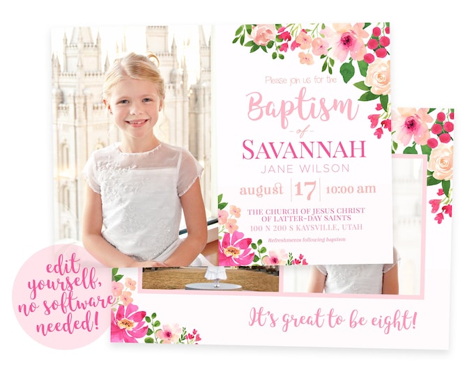 LDS Baptism Invitation Girl | Floral Baptism Invitation | Baptism Invitation Digital | Baptism Invitation | LDS Baptism Announcement | Corjl