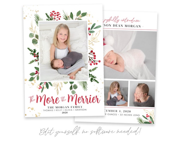 Christmas Birth Announcement | The More The Merrier Christmas Card | Birth Announcement Template | Holiday Birth Announcement | Corjl