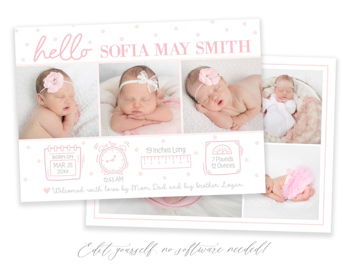 Baby Birth Announcement Template Girl | Newborn Stats Announcement | Girl Birth Announcement | Photo Birth Announcement | Dots | Corjl